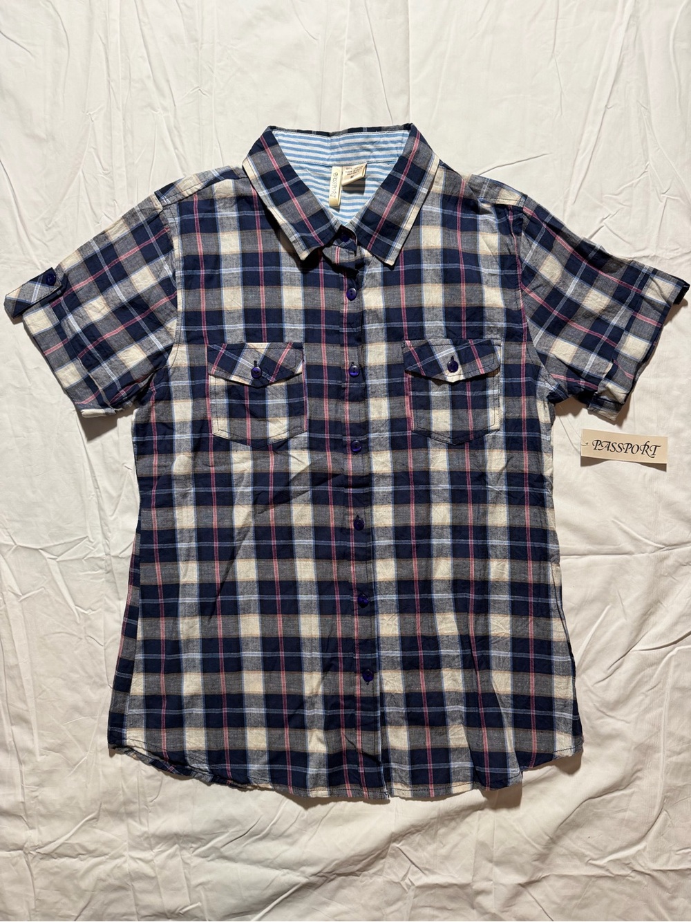 Passport Women’s Plaid Button-Up Shirt Roll Tab Blue Size M